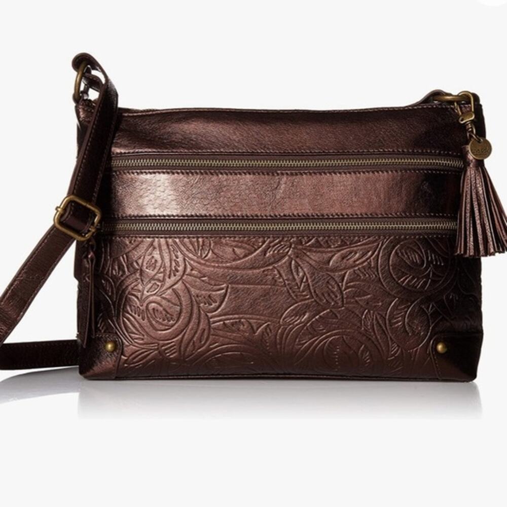 Leather Crossbody Bag in Metallic Brown with Embossed Floral Design
